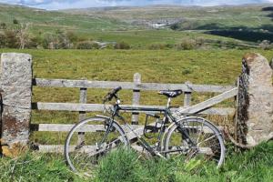 A bike leaning against a gate into a field.